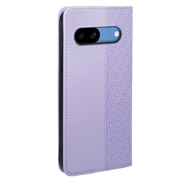 For Google Pixel 8a Case Four-Leaf Clover Leather Flip Phone Cover Stand Wallet - Light Purple