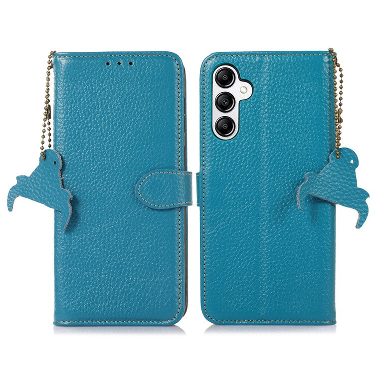 For Samsung Galaxy M35 5G Case RFID Blocking Genuine Cow Leather Phone Cover - Blue