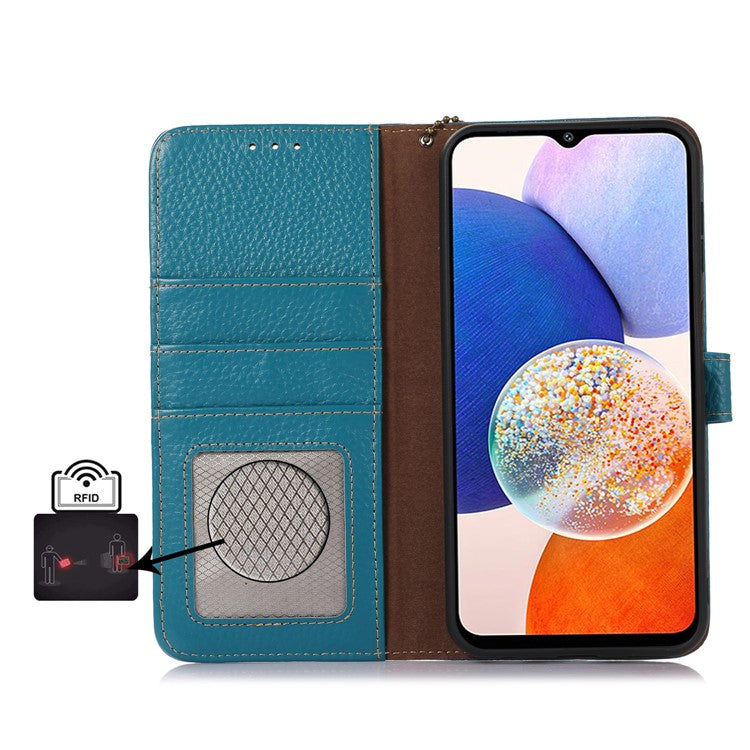 For Samsung Galaxy M35 5G Case RFID Blocking Genuine Cow Leather Phone Cover - Blue