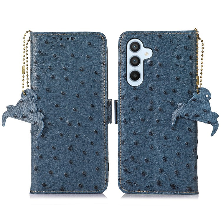 For Samsung Galaxy M35 5G Case Genuine Cow Phone Cover Ostrich Texture RFID Blocking Card Holder - Blue