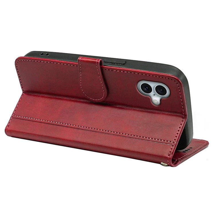 For iPhone 16 Case Calf Texture Leather Stand Book Style Phone Cover - Red