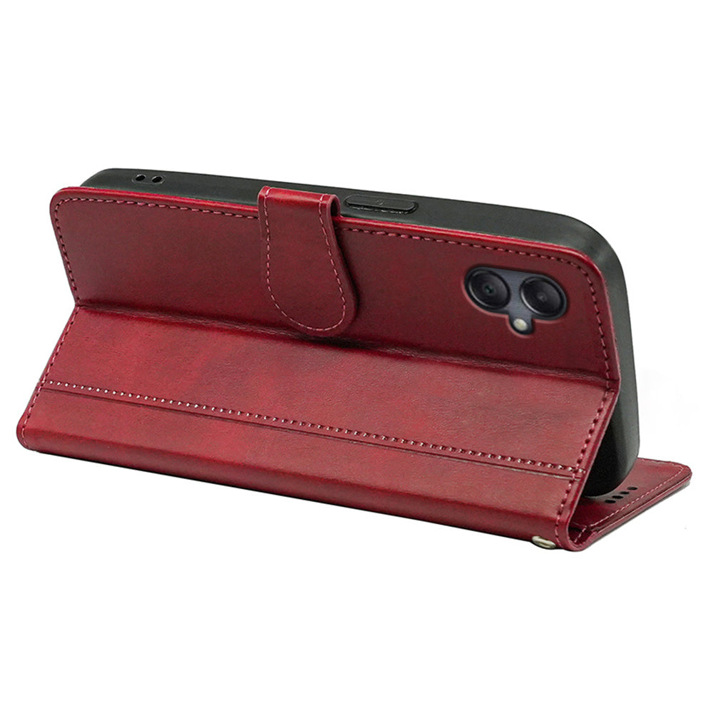 For Samsung Galaxy A06 Case Calf Texture Leather Stand Book Style Phone Cover - Red