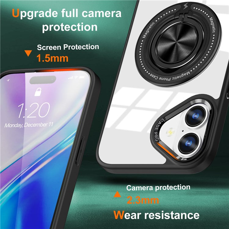 For iPhone 16 Plus Case Magnetic Ring Holder Kickstand PC+TPU Phone Cover - Black