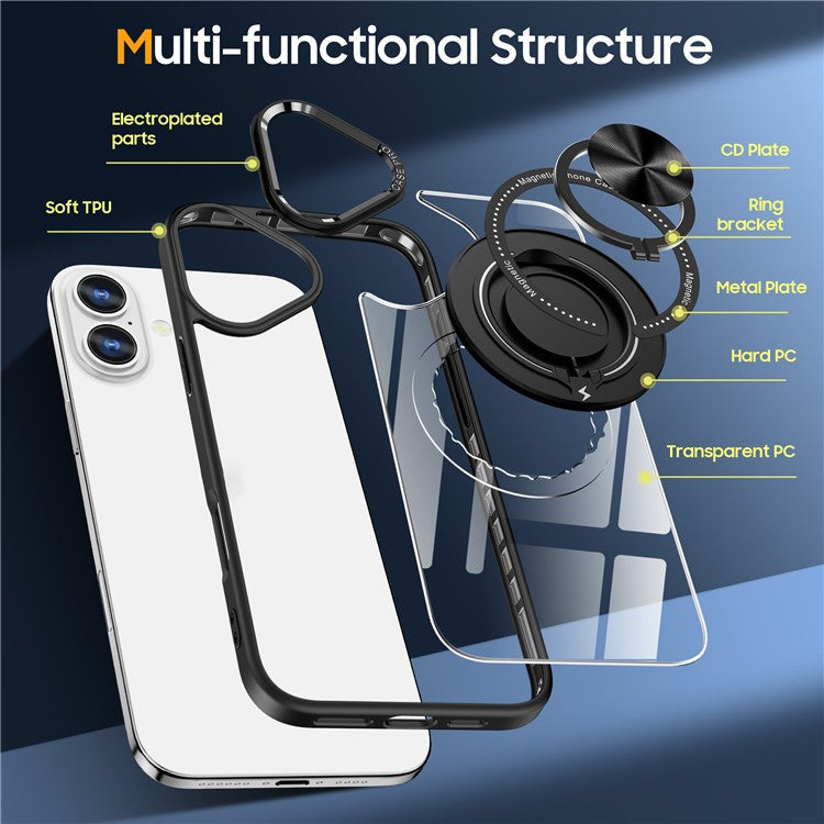 For iPhone 16 Plus Case Magnetic Ring Holder Kickstand PC+TPU Phone Cover - Black