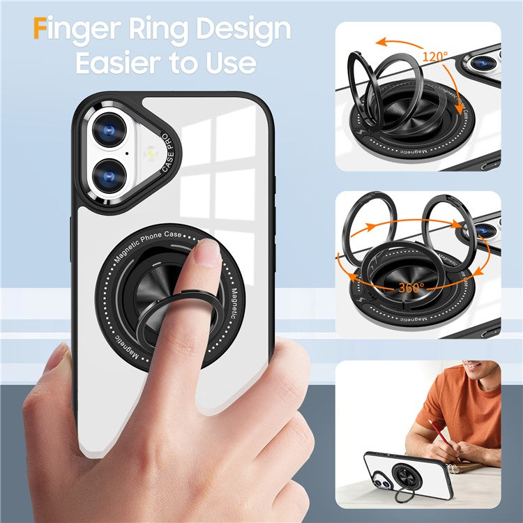 For iPhone 16 Plus Case Magnetic Ring Holder Kickstand PC+TPU Phone Cover - Black