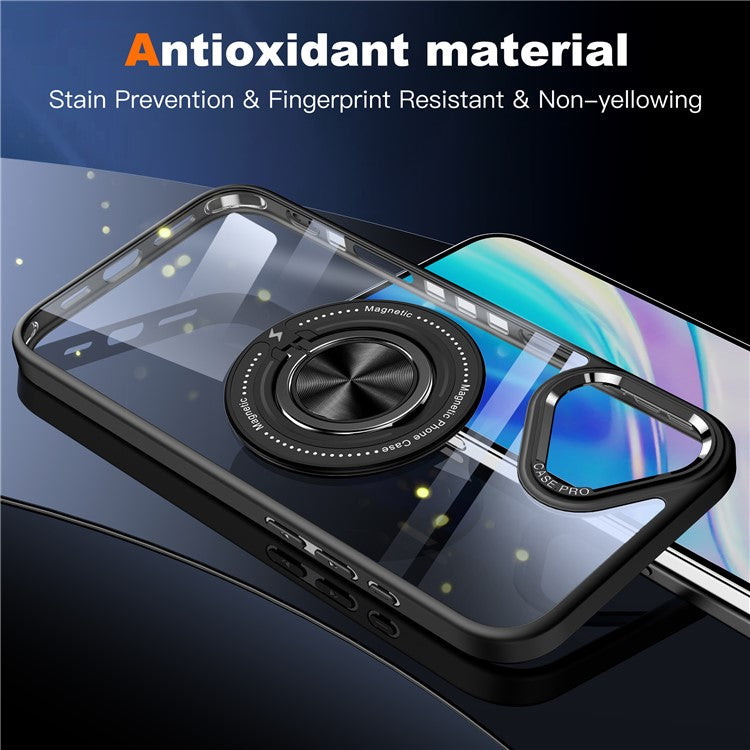 For iPhone 16 Plus Case Magnetic Ring Holder Kickstand PC+TPU Phone Cover - Black
