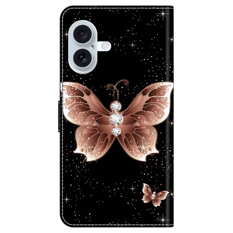 For iPhone 16 Case 3D Pattern PU Leather Wallet Phone Cover with Stand - Pink Diamond Butterfly