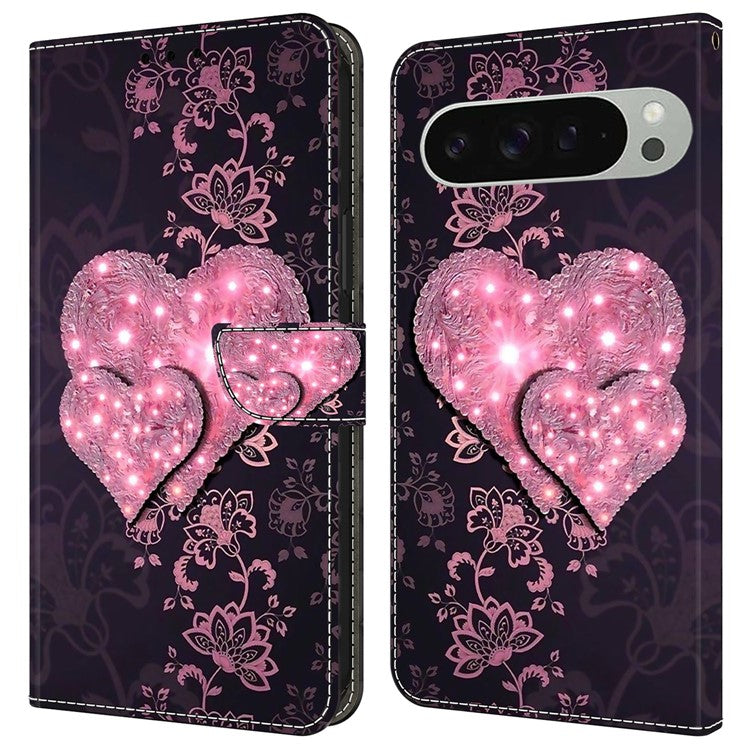 For Google Pixel 9 / 9 Pro Case 3D Pattern PU Leather Wallet Phone Cover with Stand - Lace Hearts