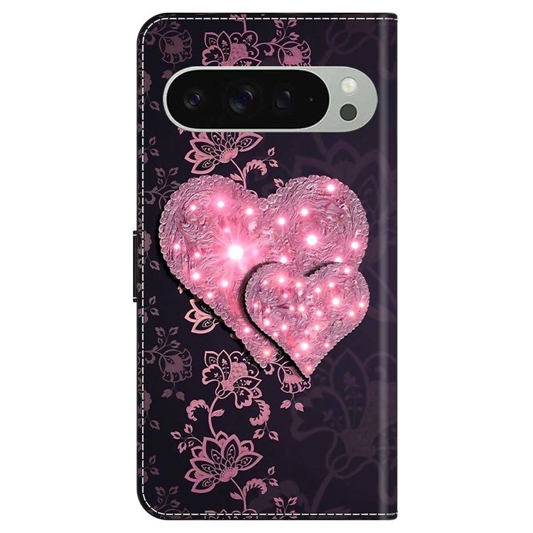 For Google Pixel 9 / 9 Pro Case 3D Pattern PU Leather Wallet Phone Cover with Stand - Lace Hearts