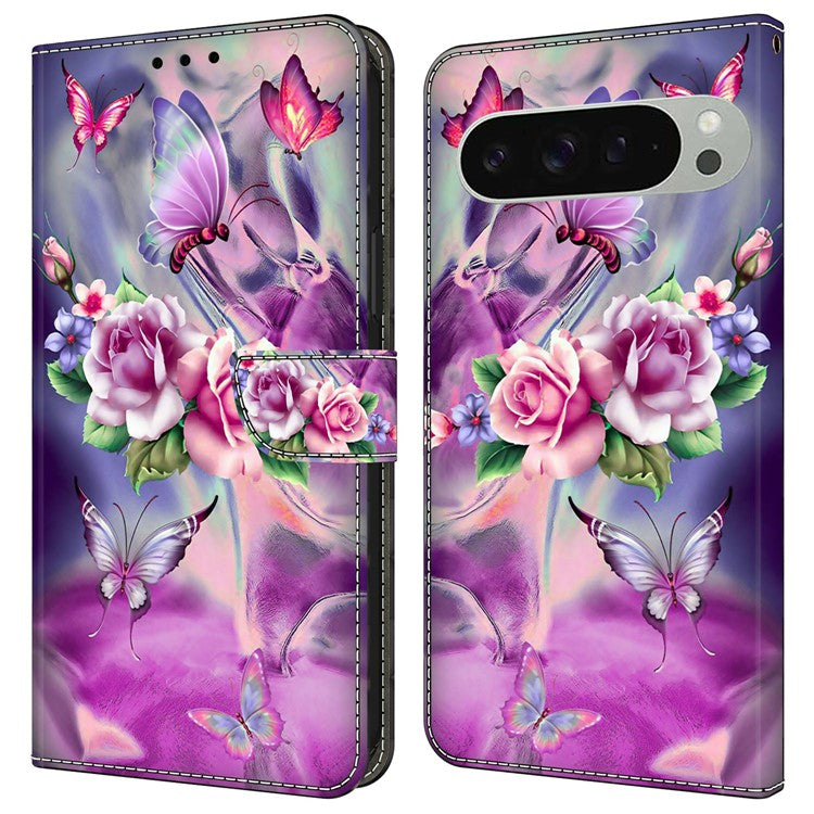 For Google Pixel 9 / 9 Pro Case 3D Pattern PU Leather Wallet Phone Cover with Stand - Butterflies / Flower