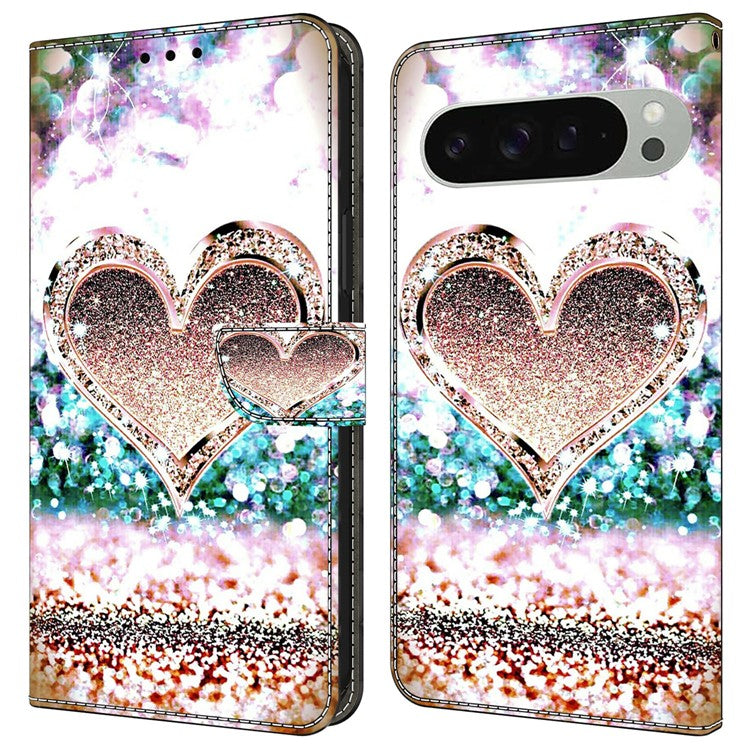 For Google Pixel 9 / 9 Pro Case 3D Pattern PU Leather Wallet Phone Cover with Stand - Pink Diamond Heart