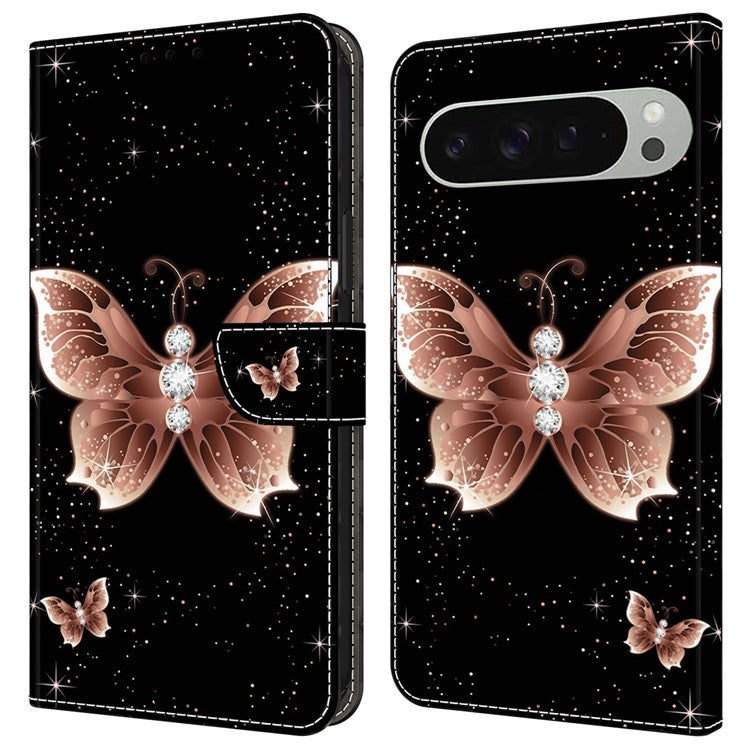 For Google Pixel 9 / 9 Pro Case 3D Pattern PU Leather Wallet Phone Cover with Stand - Pink Diamond Butterfly