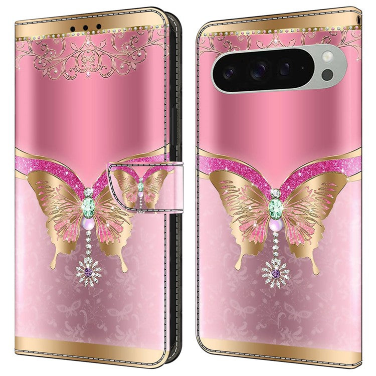 For Google Pixel 9 / 9 Pro Case 3D Pattern PU Leather Wallet Phone Cover with Stand - Pink / Gold Butterfly