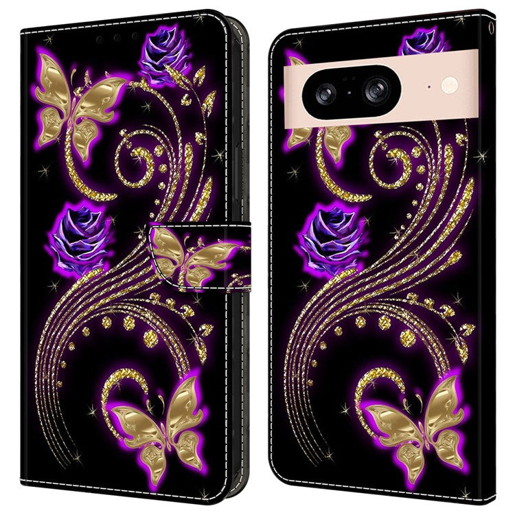 For Google Pixel 8a Case 3D Pattern PU Leather Wallet Phone Cover with Stand - Purple Flowers / Butterflies