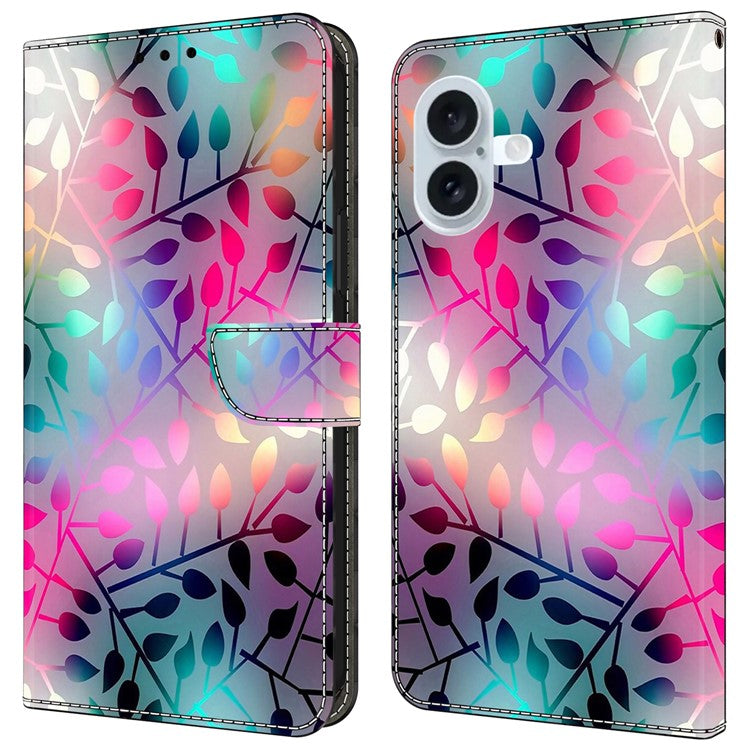 For iPhone 16 Wallet Case Magnetic Clasp 3D Pattern Leather Phone Cover - Maple Leaf