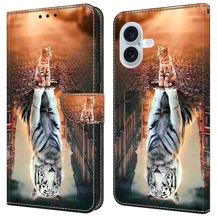 For iPhone 16 Wallet Case Magnetic Clasp 3D Pattern Leather Phone Cover - Cat and Tiger