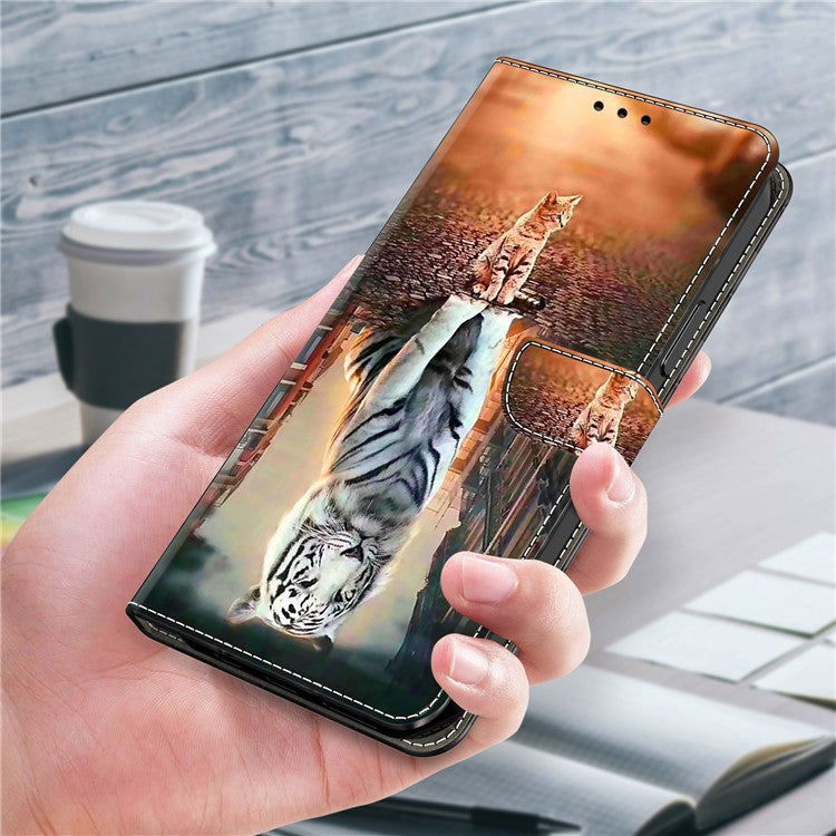 For iPhone 16 Wallet Case Magnetic Clasp 3D Pattern Leather Phone Cover - Cat and Tiger