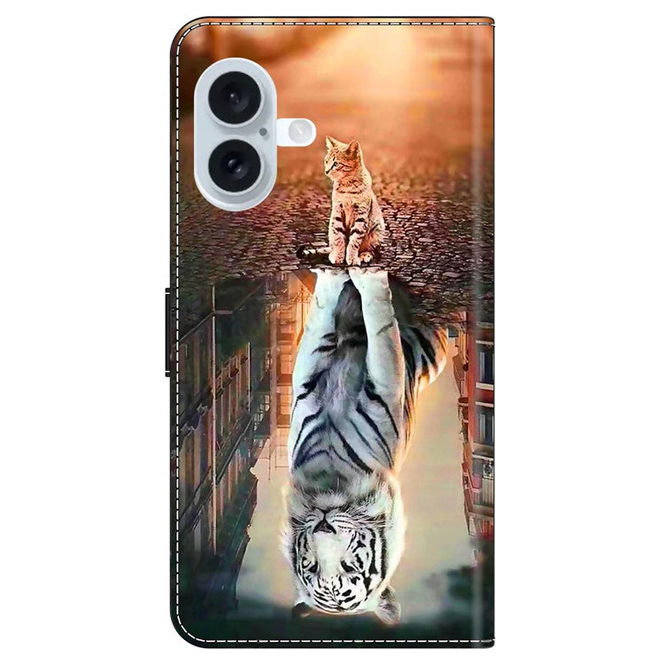 For iPhone 16 Wallet Case Magnetic Clasp 3D Pattern Leather Phone Cover - Cat and Tiger