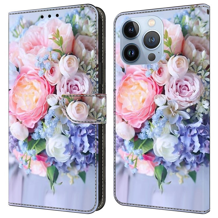 For iPhone 16 Pro Wallet Case Magnetic Clasp 3D Pattern Leather Phone Cover - Colorful Flower