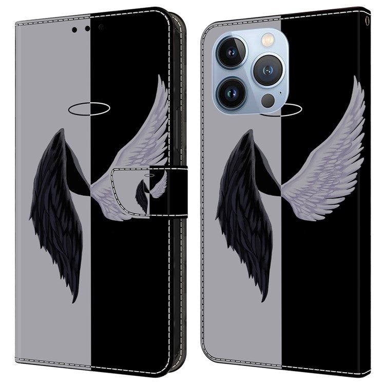For iPhone 16 Pro Wallet Case Magnetic Clasp 3D Pattern Leather Phone Cover - Black / White Wings