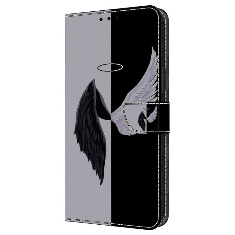 For iPhone 16 Pro Wallet Case Magnetic Clasp 3D Pattern Leather Phone Cover - Black / White Wings