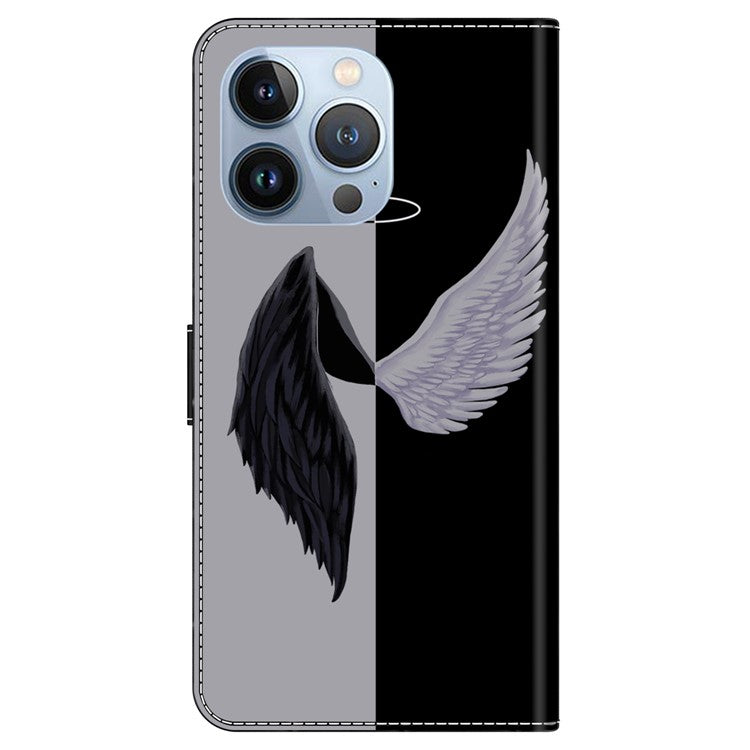 For iPhone 16 Pro Wallet Case Magnetic Clasp 3D Pattern Leather Phone Cover - Black / White Wings