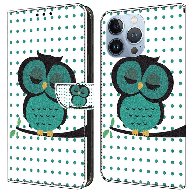 For iPhone 16 Pro Wallet Case Magnetic Clasp 3D Pattern Leather Phone Cover - Sleeping Owl