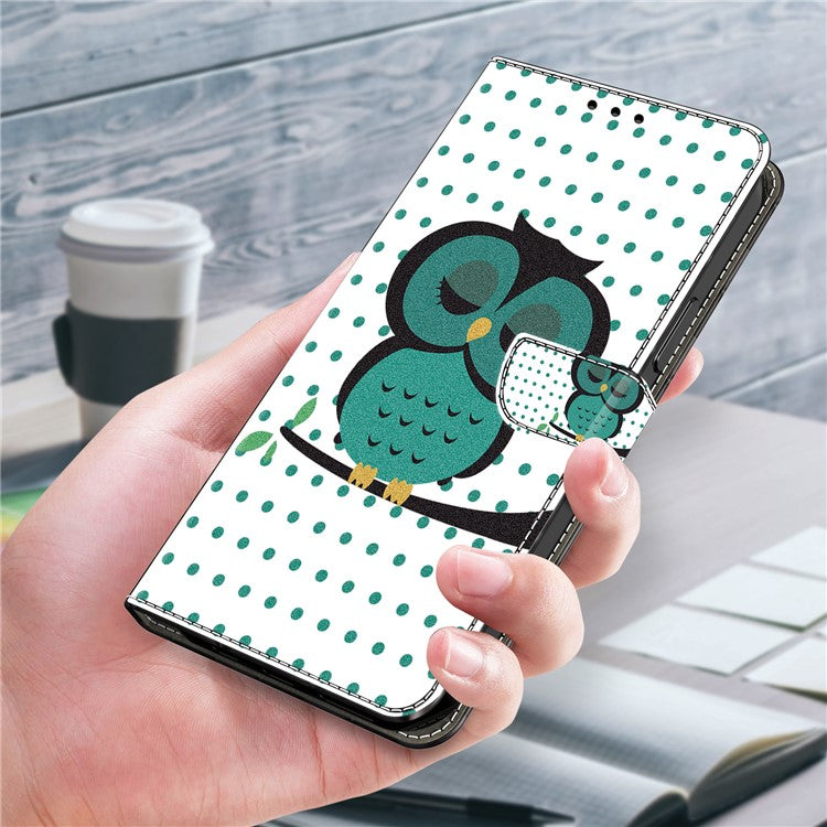 For iPhone 16 Pro Wallet Case Magnetic Clasp 3D Pattern Leather Phone Cover - Sleeping Owl