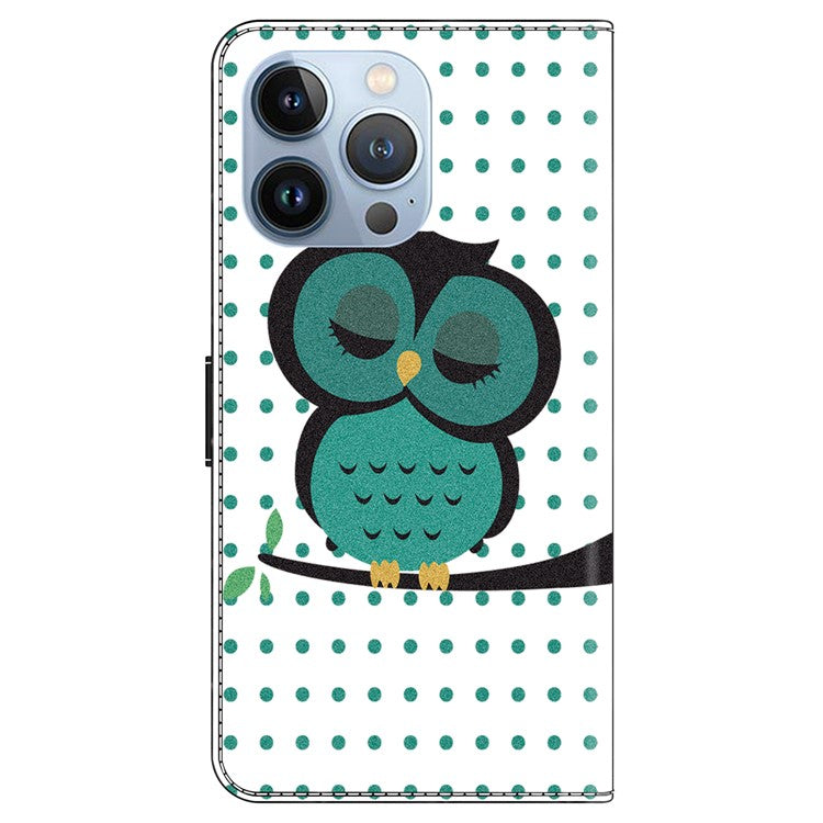 For iPhone 16 Pro Wallet Case Magnetic Clasp 3D Pattern Leather Phone Cover - Sleeping Owl