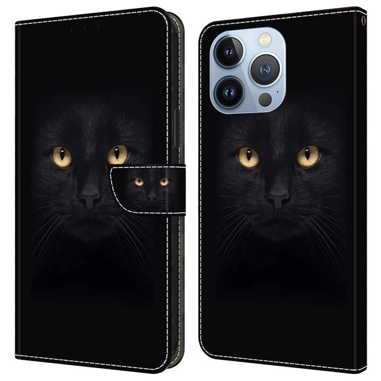 For iPhone 16 Pro Wallet Case Magnetic Clasp 3D Pattern Leather Phone Cover - Black