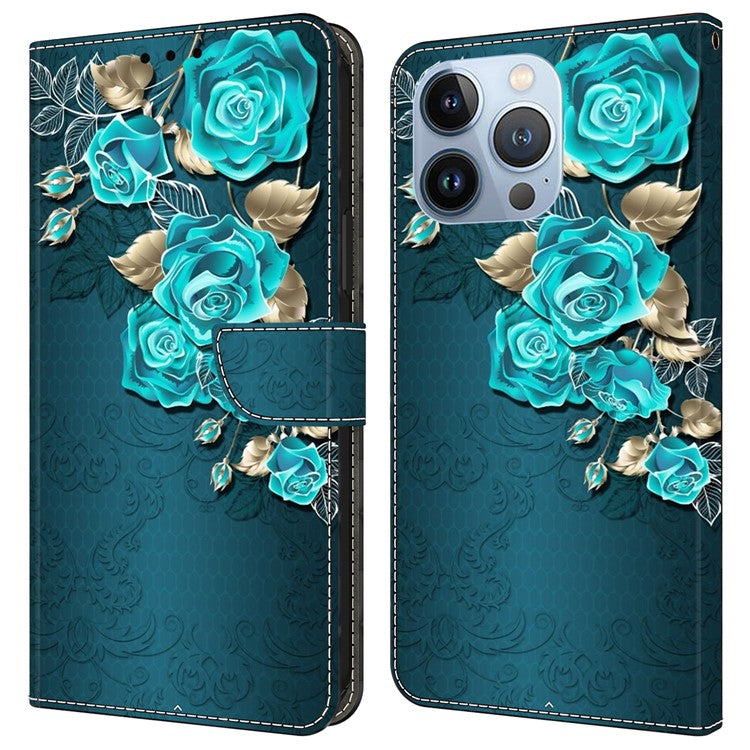 For iPhone 16 Pro Wallet Case Magnetic Clasp 3D Pattern Leather Phone Cover - Blue Rose