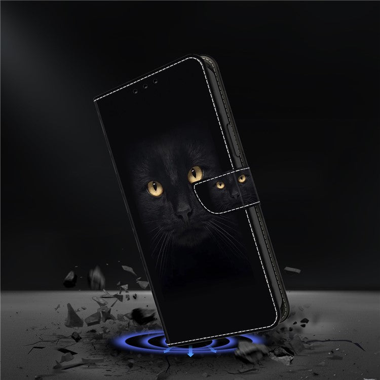 For iPhone 16 Plus Wallet Case Magnetic Clasp 3D Pattern Leather Phone Cover - Black Cat