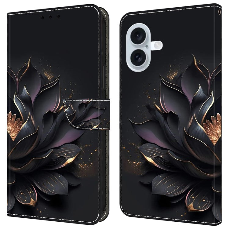 For iPhone 16 Plus Wallet Case Magnetic Clasp 3D Pattern Leather Phone Cover - Purple Lotus