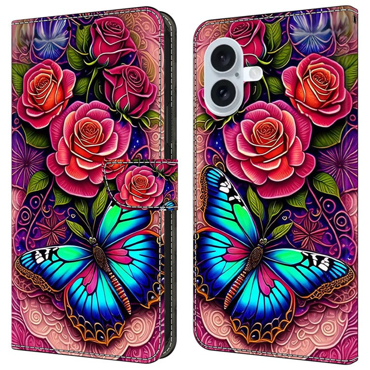 For iPhone 16 Case PU Leather Wallet Phone Cover with Stand - Colorful Butterfly