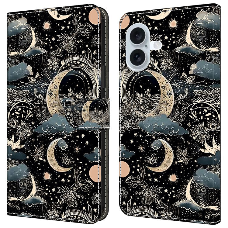 For iPhone 16 Case PU Leather Wallet Phone Cover with Stand - Moon