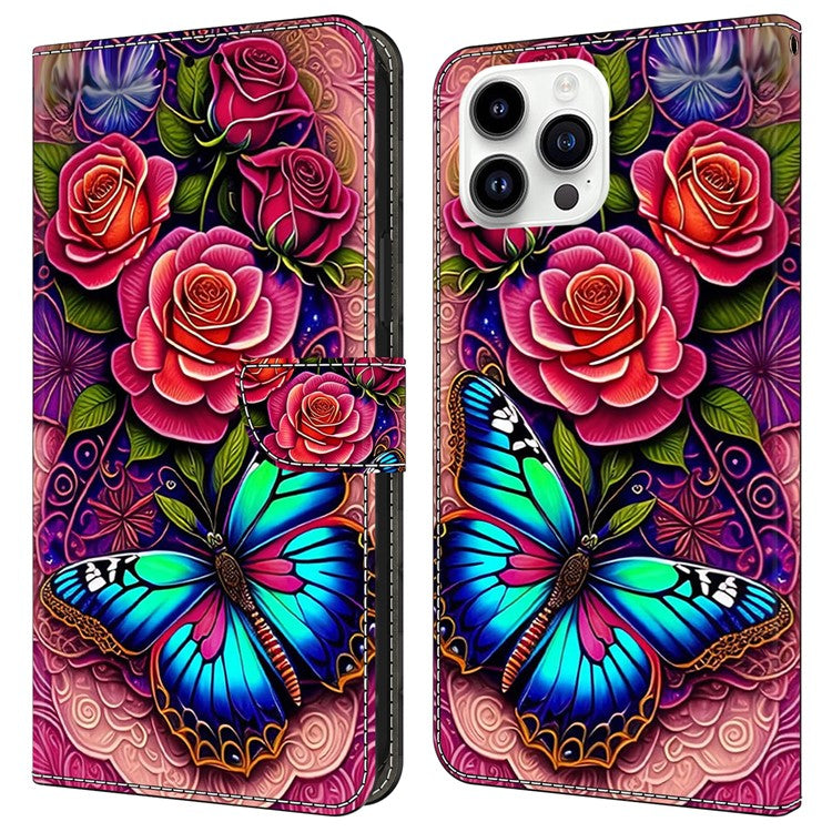 For iPhone 16 Pro Case PU Leather Wallet Flip Cover with Standing Function - Colorful Butterfly