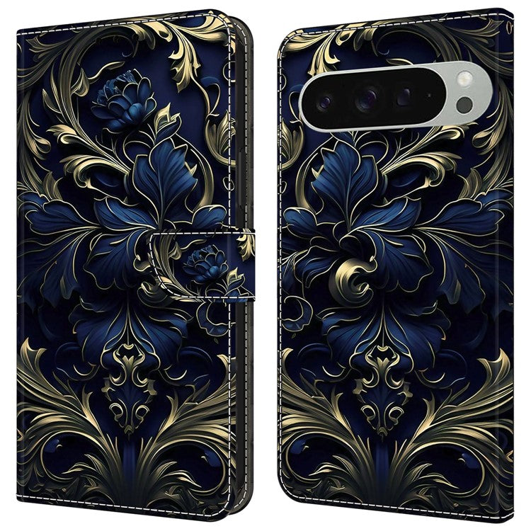 For Google Pixel 9 / 9 Pro Case PU Leather Wallet Phone Cover with Stand - Blue Flower