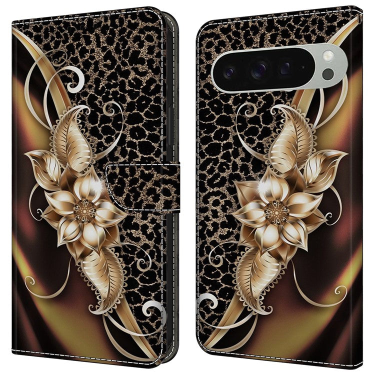For Google Pixel 9 Pro XL Case PU Leather Wallet Phone Cover with Stand - Metal Flower