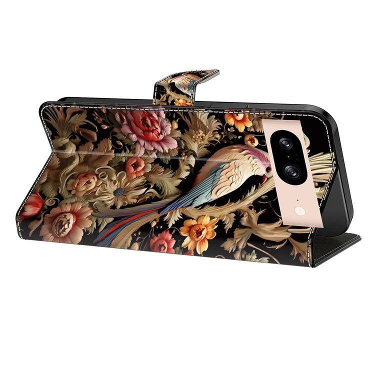 For Google Pixel 8a Case PU Leather Wallet Phone Cover with Stand - Vintage Flower and Bird