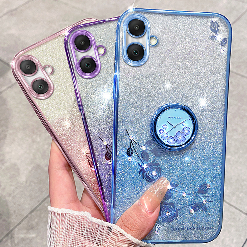 KADEM For Samsung Galaxy A06 Case Ring Kickstand TPU Flowers Phone Cover Gradient Glitter - Blue