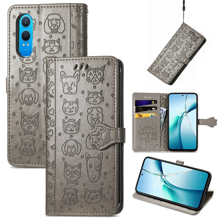 For OnePlus Nord CE4 Lite 5G / Oppo K12x 5G (China) Case Leather Wallet Flip Phone Cover Cute Cat Dog Pattern - Grey