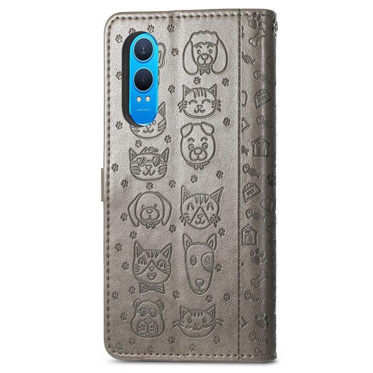 For OnePlus Nord CE4 Lite 5G / Oppo K12x 5G (China) Case Leather Wallet Flip Phone Cover Cute Cat Dog Pattern - Grey