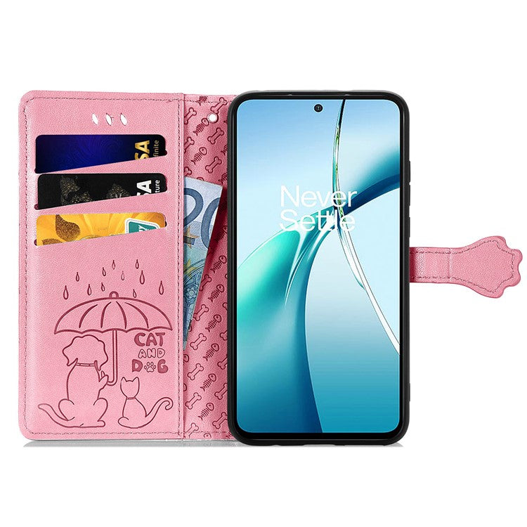 For OnePlus Nord CE4 Lite 5G / Oppo K12x 5G (China) Case Leather Wallet Flip Phone Cover Cute Cat Dog Pattern - Pink