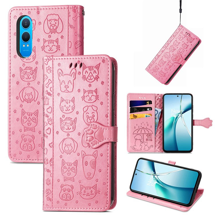 For OnePlus Nord CE4 Lite 5G / Oppo K12x 5G (China) Case Leather Wallet Flip Phone Cover Cute Cat Dog Pattern - Pink