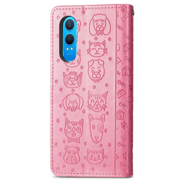 For OnePlus Nord CE4 Lite 5G / Oppo K12x 5G (China) Case Leather Wallet Flip Phone Cover Cute Cat Dog Pattern - Pink