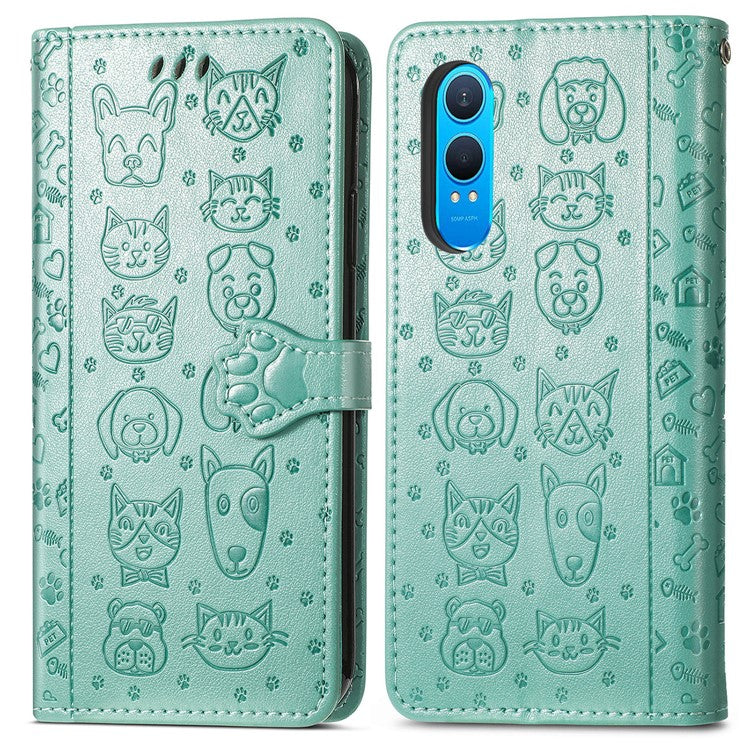 For OnePlus Nord CE4 Lite 5G / Oppo K12x 5G (China) Case Leather Wallet Flip Phone Cover Cute Cat Dog Pattern - Green