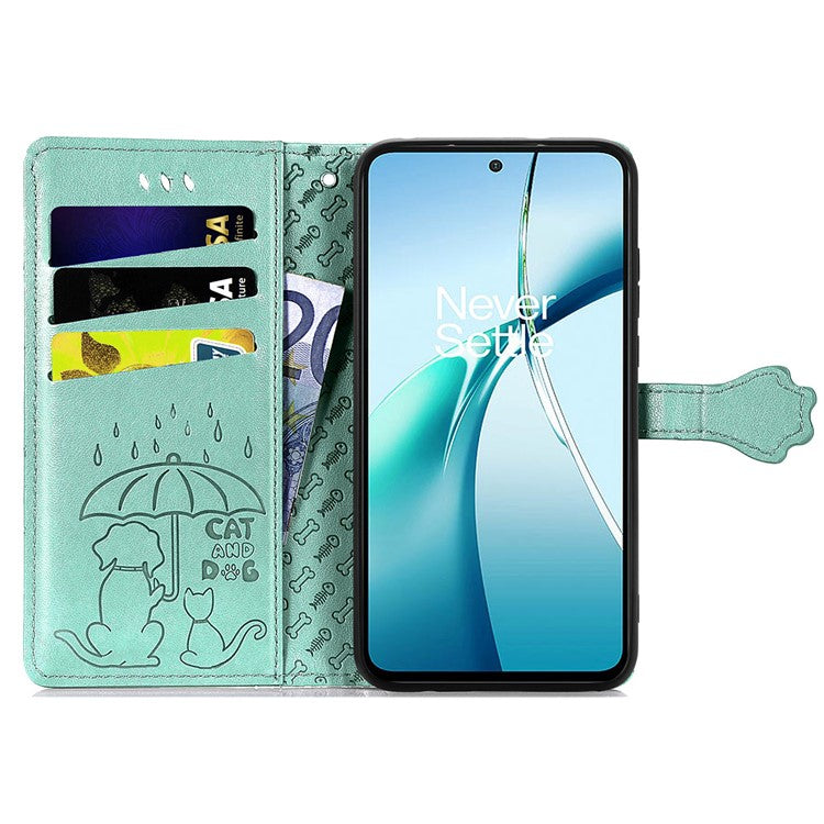 For OnePlus Nord CE4 Lite 5G / Oppo K12x 5G (China) Case Leather Wallet Flip Phone Cover Cute Cat Dog Pattern - Green