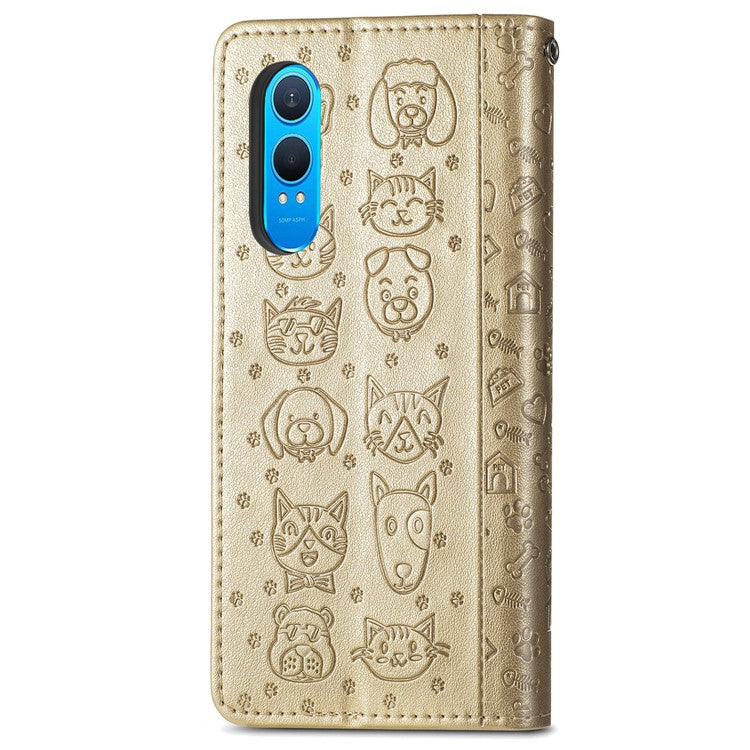 For OnePlus Nord CE4 Lite 5G / Oppo K12x 5G (China) Case Leather Wallet Flip Phone Cover Cute Cat Dog Pattern - Gold