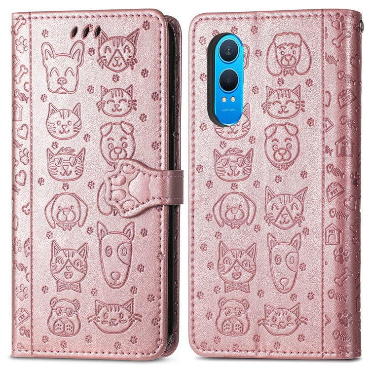 For OnePlus Nord CE4 Lite 5G / Oppo K12x 5G (China) Case Leather Wallet Flip Phone Cover Cute Cat Dog Pattern - Rose Gold