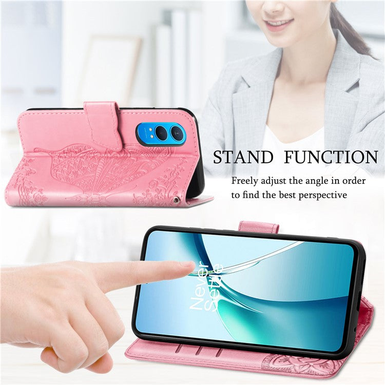 For OnePlus Nord CE4 Lite 5G / Oppo K12x 5G (China) Case PU Leather Wallet Phone Cover Butterfly Pattern - Pink